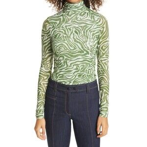Cinq à Sept Woodblock Zebra Shirred Green White Mesh Turtleneck Women's Size XS